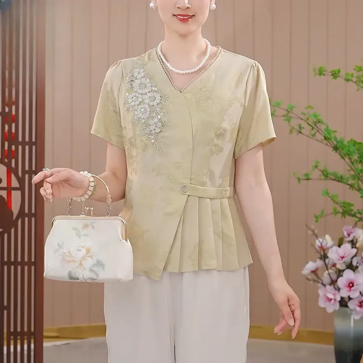 2025年新款妈妈春夏装两件套套装中老年女上衣时尚aa6082气质