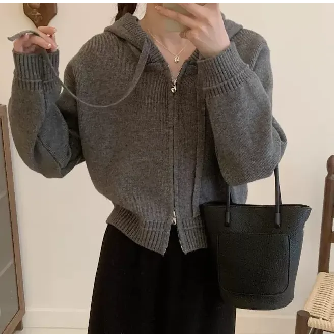 韩系灰色双拉链连帽毛衣开衫女秋冬新款慵懒风设计感针织外套上衣
