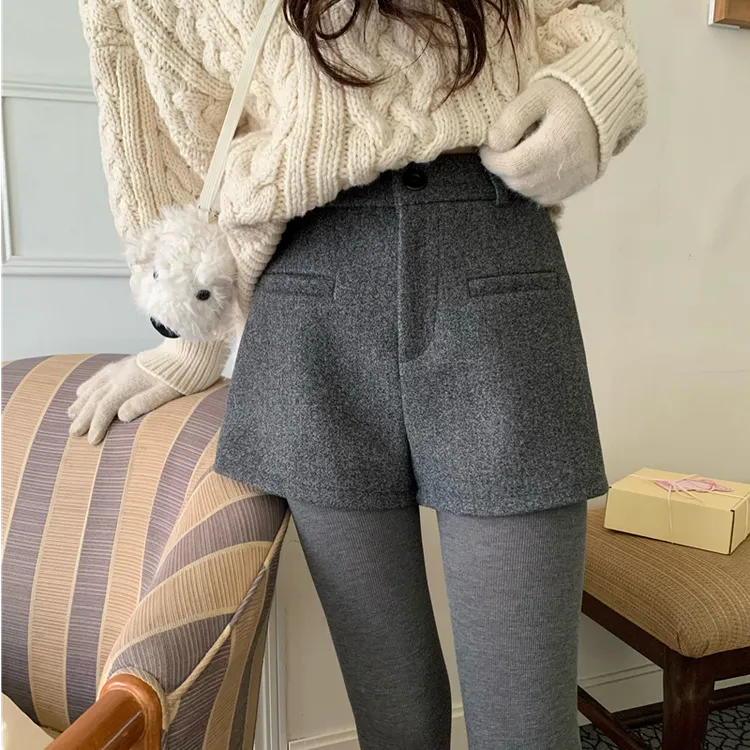 秋冬新款辣妹风加厚毛呢休闲短裤女高腰显瘦A字灰色阔腿外穿靴裤