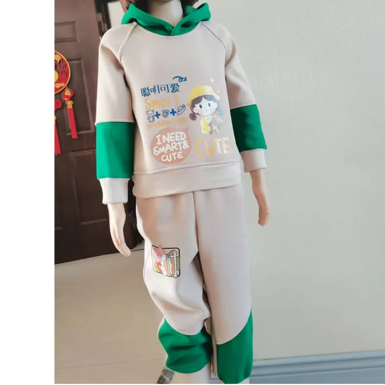 3-14岁男童女童休闲连帽插肩袖加绒加厚拼接拼色秋冬时尚套装运动