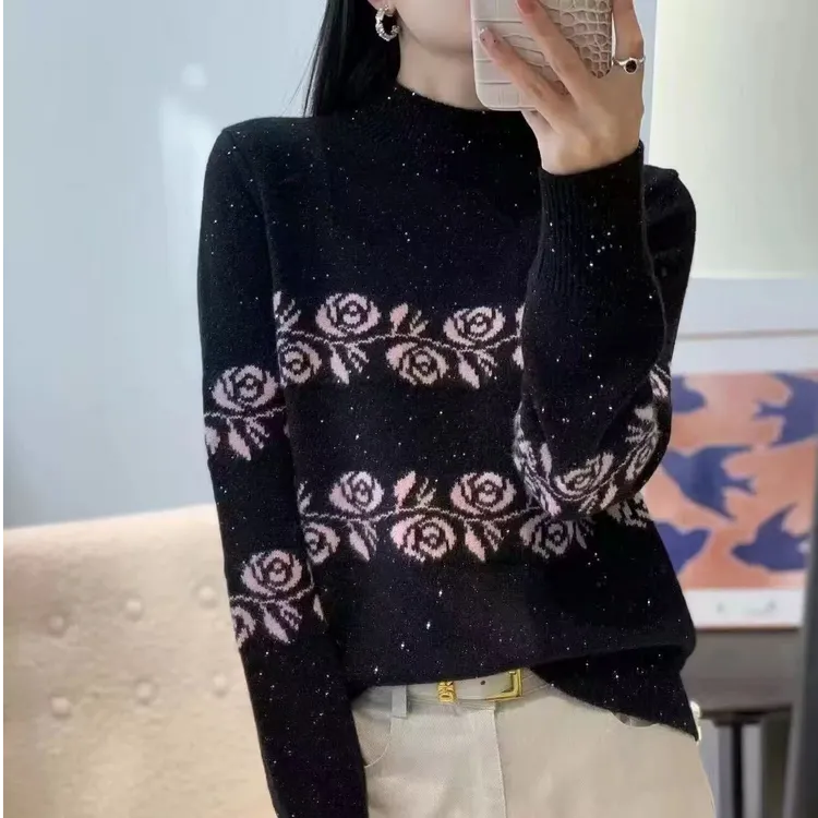 满天星珠片提花半高领针织衫时尚法式打底毛衣秋冬上衣