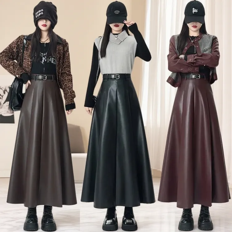 安可拉红皮裙半身裙秋冬2025新款高腰遮肉A字裙包臀裙中长款伞裙