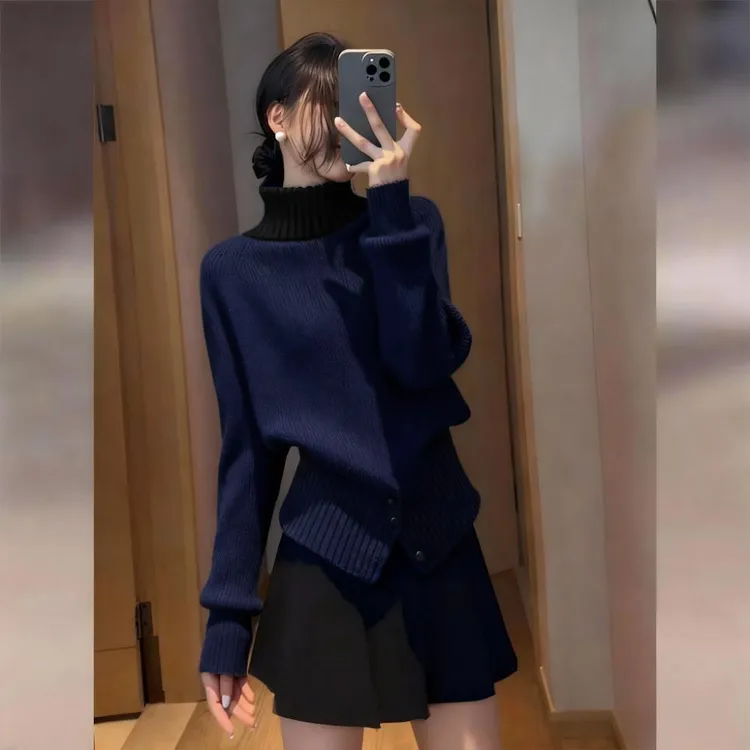 轻熟风气质高领毛衣女秋冬新款藏蓝色独特巨好看显瘦针织衫上衣女