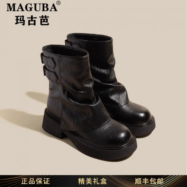 玛古芭女鞋真皮防水厚底高跟马丁靴女复古新款百搭内增高短筒靴子