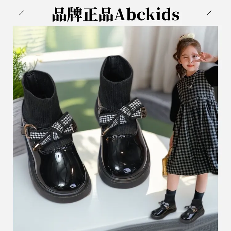 女魔术贴车缝线女童透气软底皮靴靴子时尚秋季英伦风童鞋