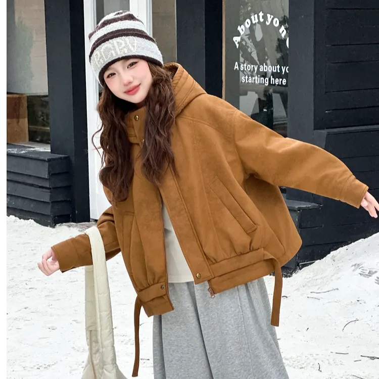 2025冬季新款棉衣中大童时尚加厚连帽棉袄加兔毛宽松休闲