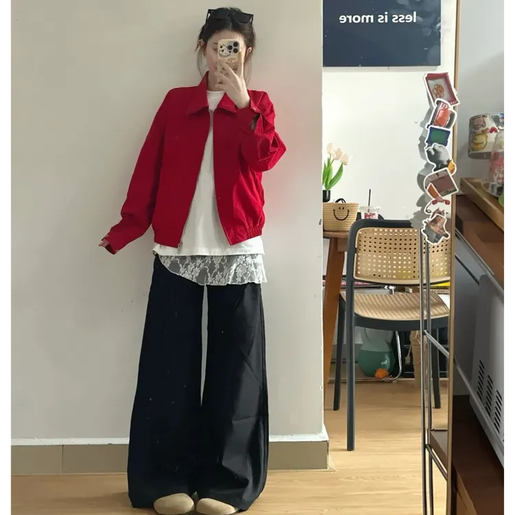 红色哈灵顿风格工装夹克男女秋季新款基础百搭休闲短款宽松外套潮