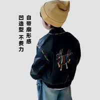 儿童春秋新款2025男童中小童刺绣彩虹马时尚皮衣夹克帅气男宝外套