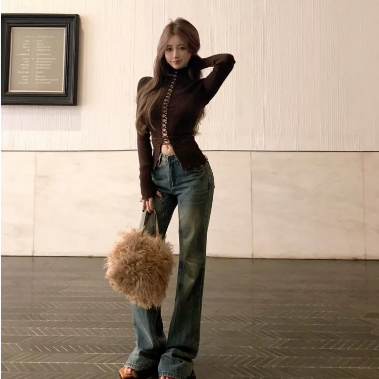 性感辣妹设计感外穿修身长袖上衣气质显瘦洋气休闲牛仔长裤两件套