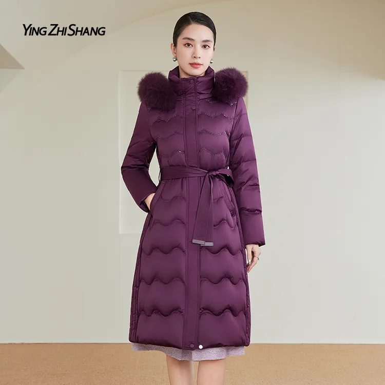 【臻丝云绒】赢智尚2025冬季新款紫色御寒收腰过膝羽绒服女ZR00147