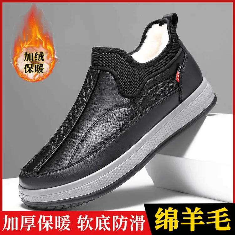 冬新款老北京棉鞋男加绒保暖绵羊毛雪地靴一脚蹬爸爸鞋防滑雪地靴