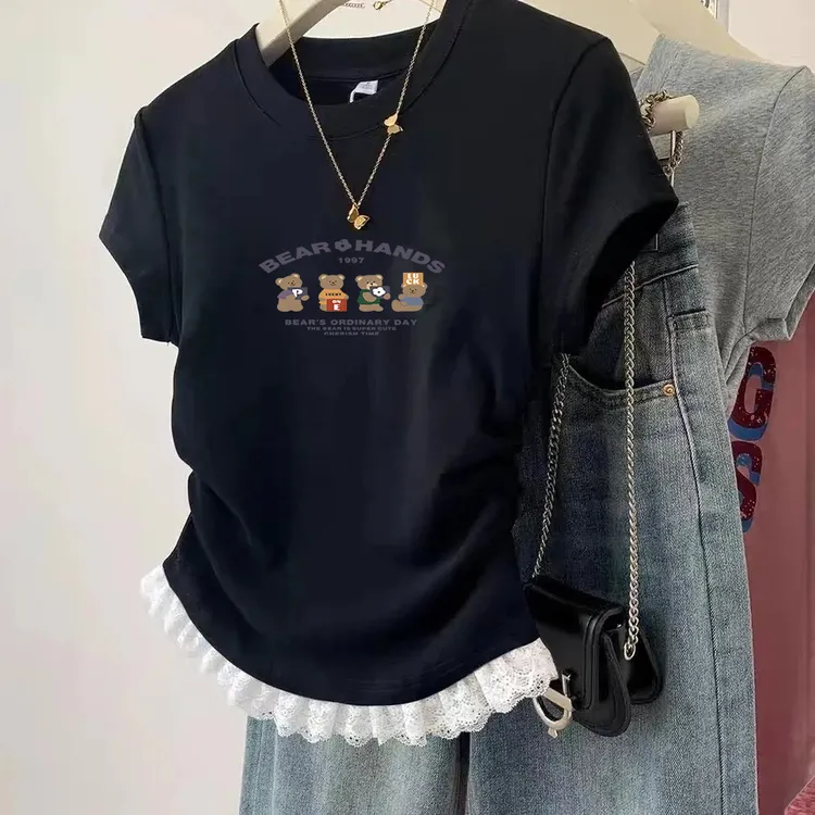 纯棉灰色蕾丝夏天童装夏季显瘦衣服炸街T恤t恤女童夏装女装上衣