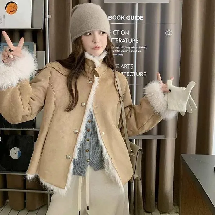 麂皮绒毛毛外套女2025新款秋冬复古百搭皮毛一体翻领环保皮草外套