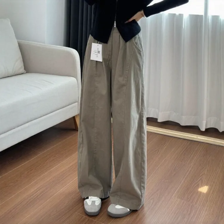 美式卡其色阔腿休闲裤女秋季新款大码宽松高腰显瘦百搭直筒长裤子