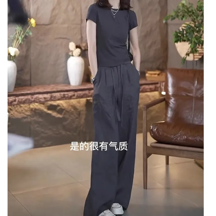 仙梦语欧货复古休闲运动套装女夏时髦洋气显瘦正肩上衣高腰阔腿裤