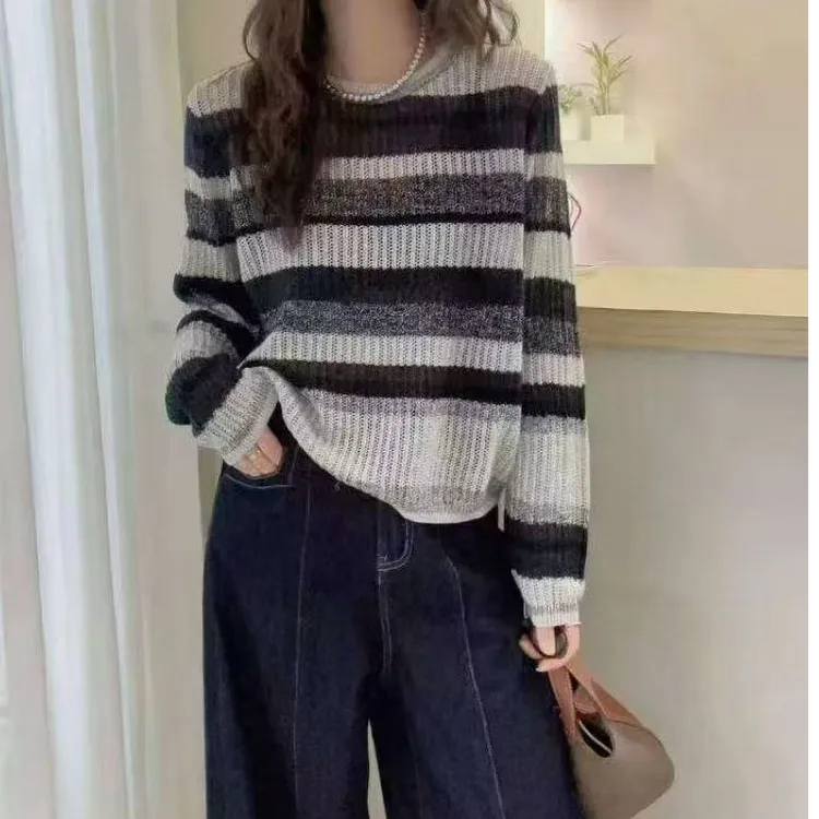 早秋条纹针织长袖拼色秋冬撞色针织上衣毛针织衫女慵懒风打底