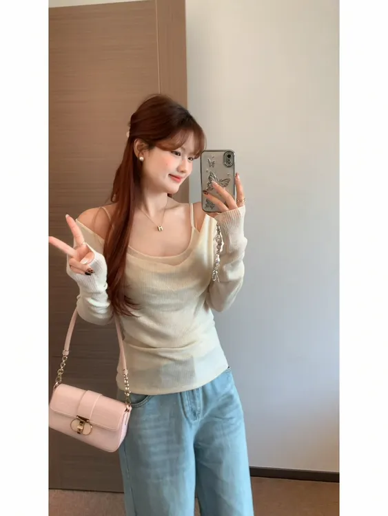 【肉肉】纯欲感低领气质毛针织衫两件套女秋冬吊带内搭罩衫显瘦上衣