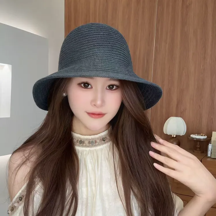 夏季遮阳帽女士草帽盆帽纯色帽子圆顶渔夫帽防紫外线