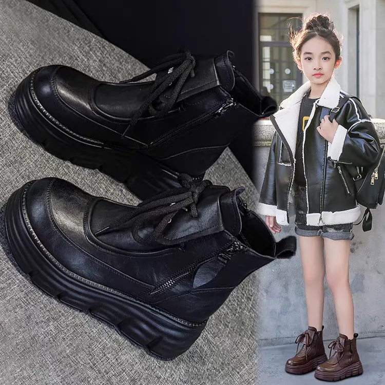 ABC 女童马丁靴秋冬季新款儿童靴子洋气公主加绒短靴中大童雪地靴