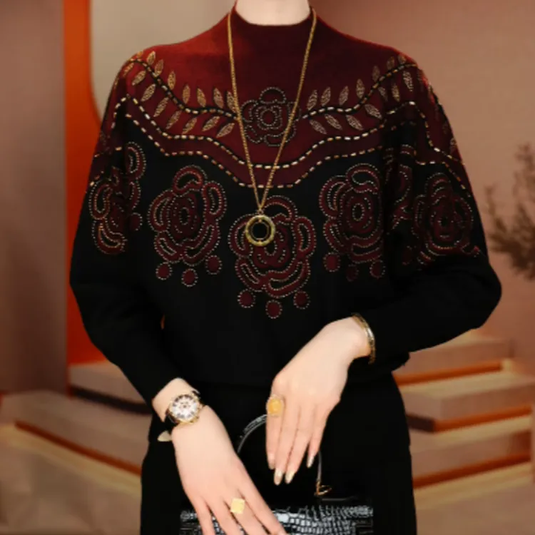 提花女半高领打底衫针织减龄休闲长袖毛衣烫钻保暖舒适厚款上衣