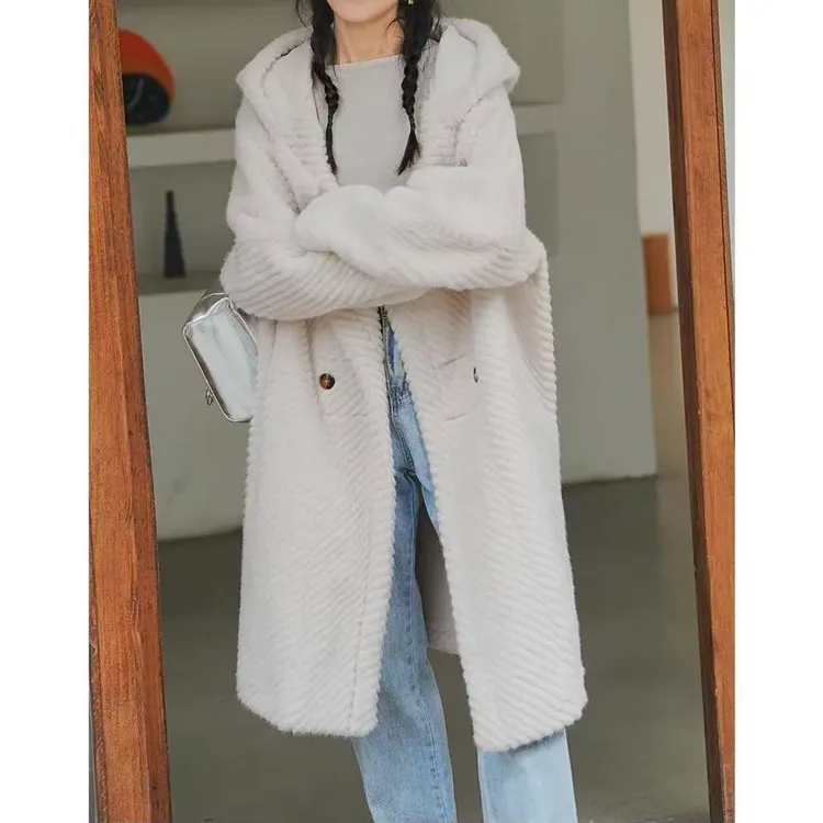 6958时尚休闲条纹毛茸茸连帽大衣外套