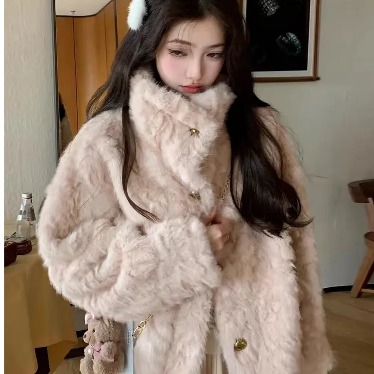 人造皮草 小湖羊翻领环保皮草女冬羊羔毛小香风毛毛外套