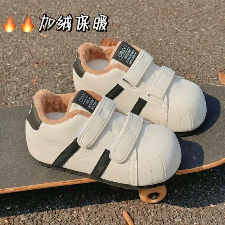 韩版加绒魔术贴德训面包鞋女2025新款网红百搭内增高休闲运动板鞋