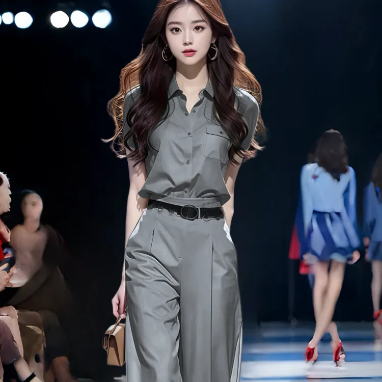 2025年夏季新款灰色衬衫阔腿裤套装气质洋气减龄显瘦职场通勤女装