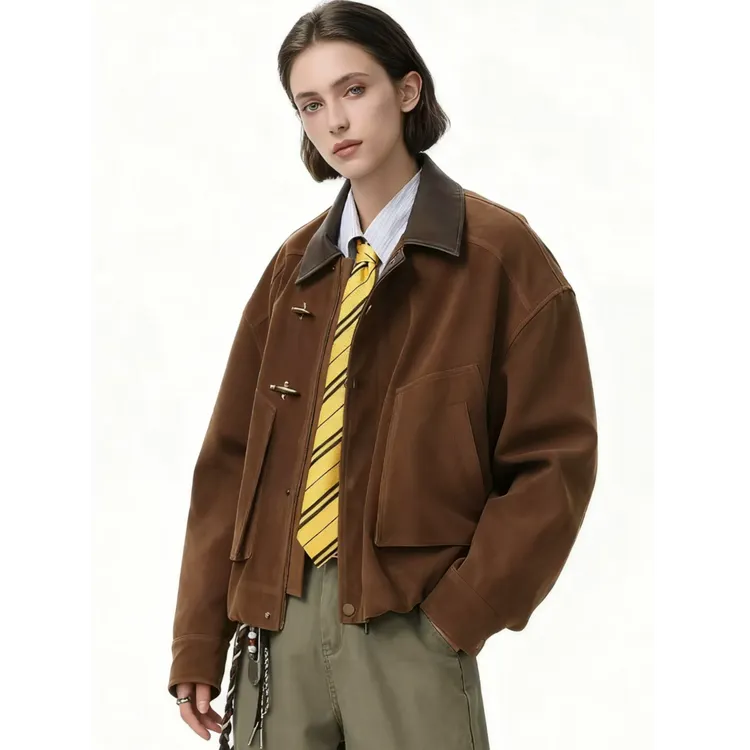 FANGWANG琥珀拼接皮领巴恩风大口袋飞机扣工装夹克痞帅短款外套