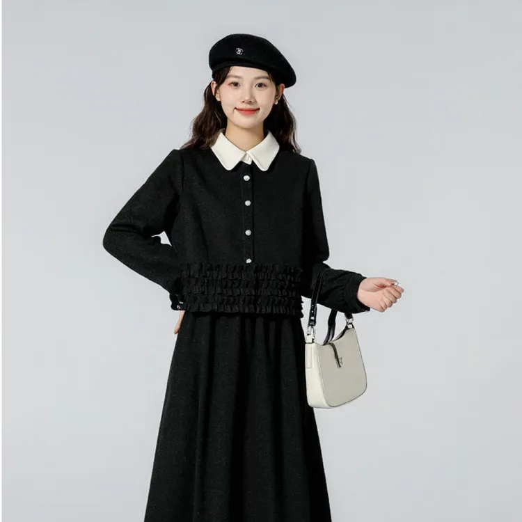 奢姿大码女装冬款显瘦时尚小香风荷叶边减龄娃娃领外套半裙两件套