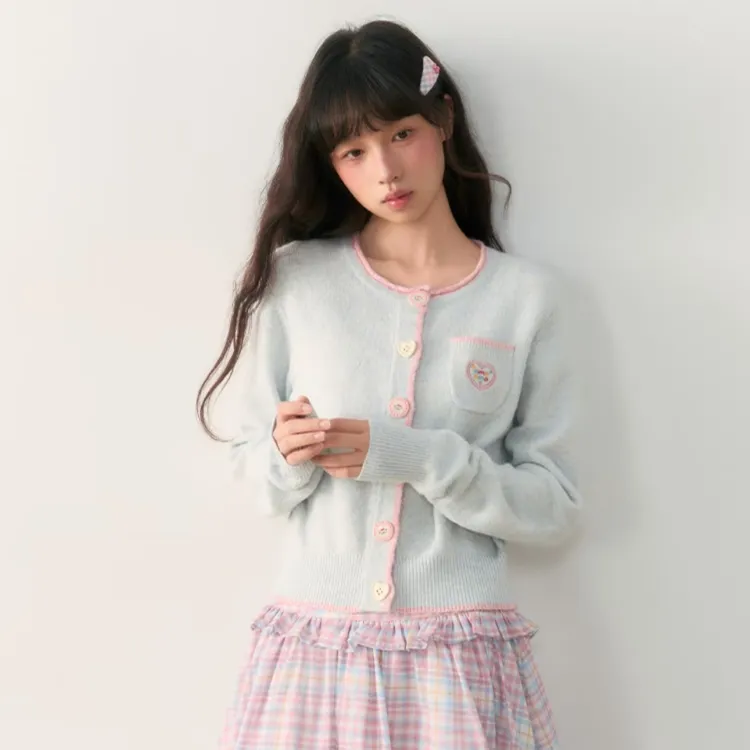 提莫少女甜妹秋季韩版蓝色长袖针织开衫女多巴胺薄款毛衣外套