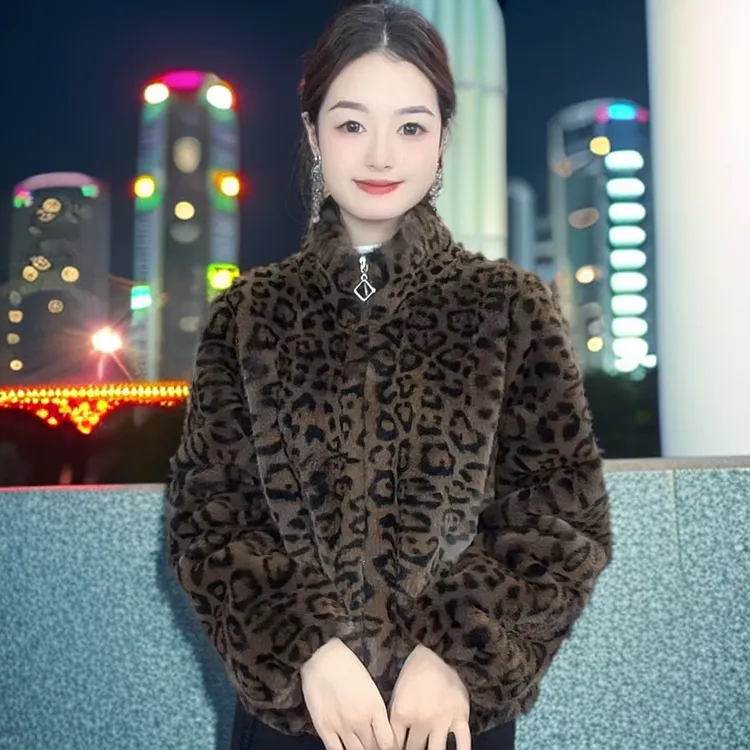 时尚百搭休闲豹纹毛毛立领潮流女士加厚外套女