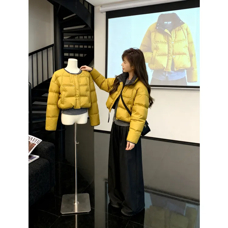 黄色撞色棉服女2025秋冬巨好看的小个子韩系短款面包服厚外套棉袄