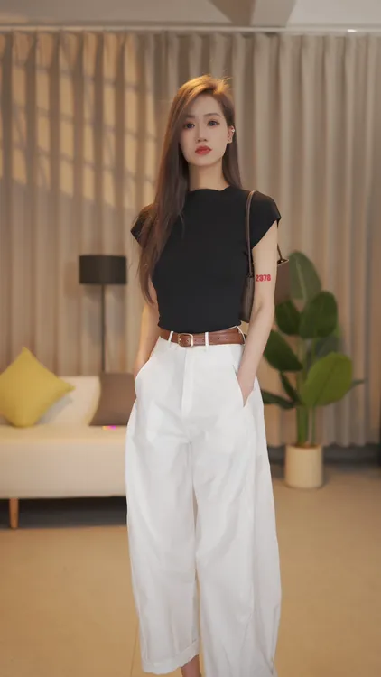 L韩国东大门阔腿休闲弯刀裤女宽松高腰百搭镰刀裤长裤阔腿裤白色