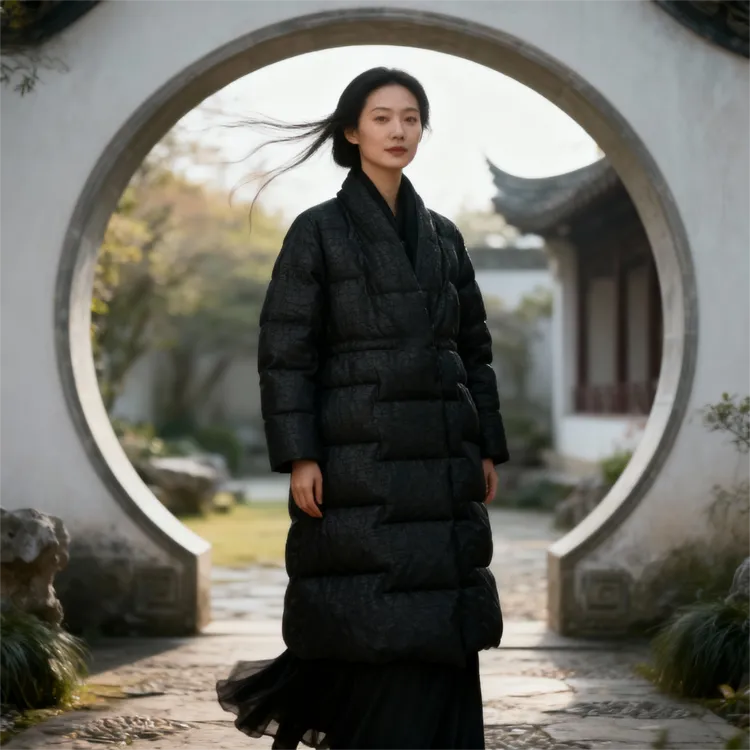 【锦绣集】香云纱龟裂纹中长款长袖翻领暗扣鹅绒服冬季女士女装黑色