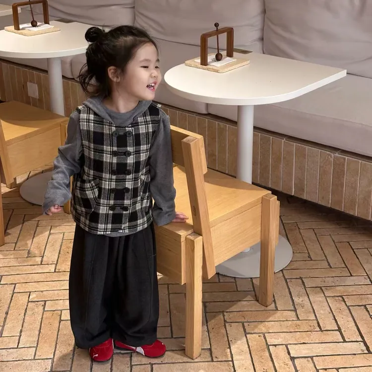 甜小七女童2025秋季新款韩版百搭纯色连帽卫衣格子马甲休闲裤套装