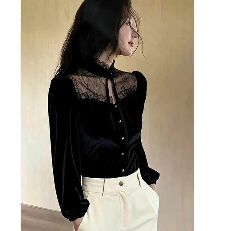 高级感轻奢绝美黑色立领长袖丝绒衬衫女秋冬款优雅赫本风洋气衬衣