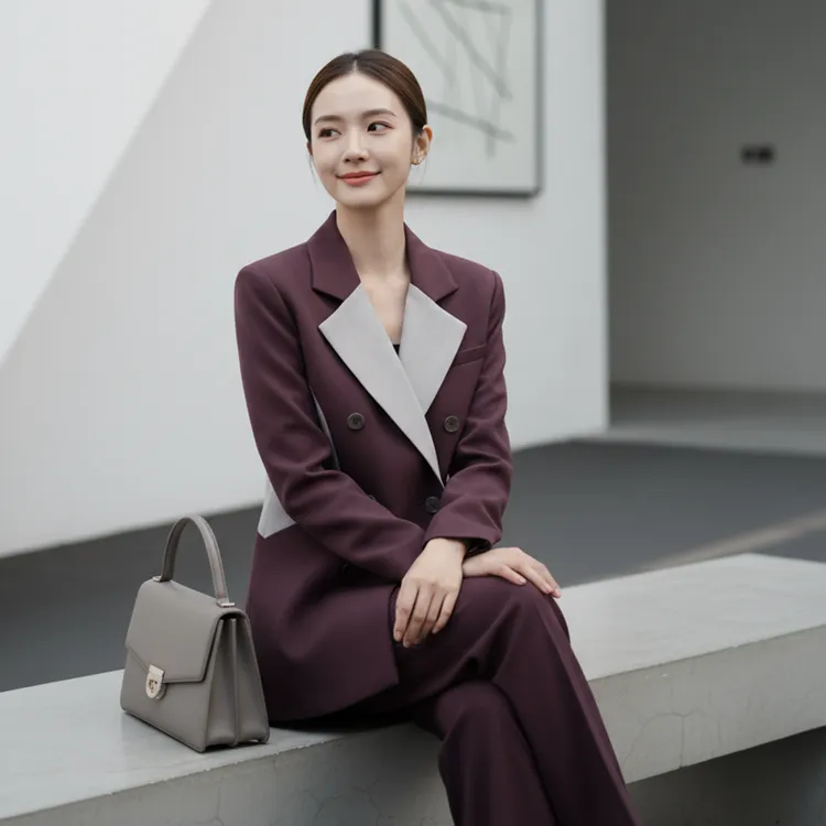 赫本风高级感撞色拼接气质西装高腰阔腿裤女休闲套装HBZXP641478