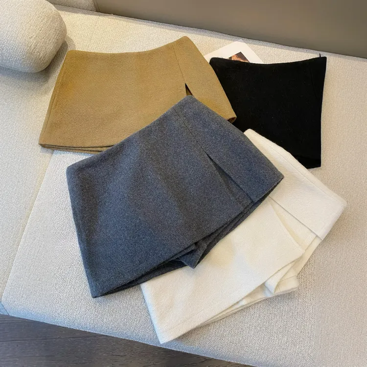 中古m1u系 双层开叉毛呢半身防走光裙裤简约A字半裙女短款包臀裙