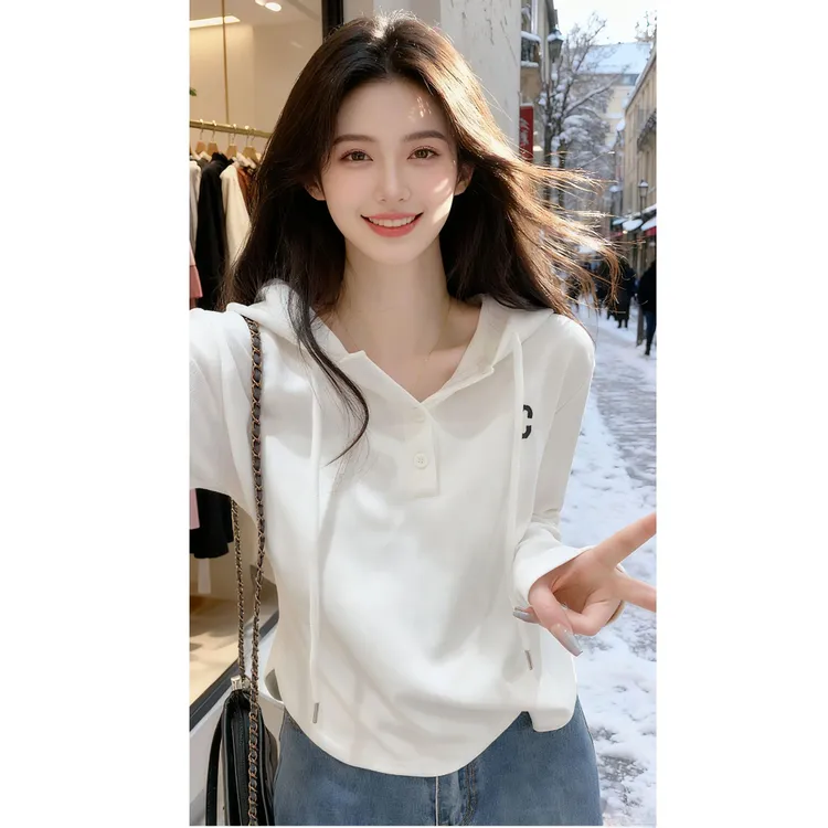 白色连帽长袖T恤衫女春秋冬设计感刺绣C字母宽松卫衣弧形下摆上衣
