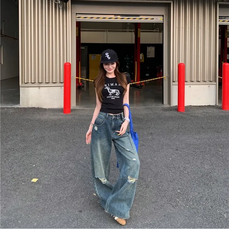 美式辣妹设计感斜肩上衣搭配牛仔阔腿裤复古通勤夏季新款显瘦高腰