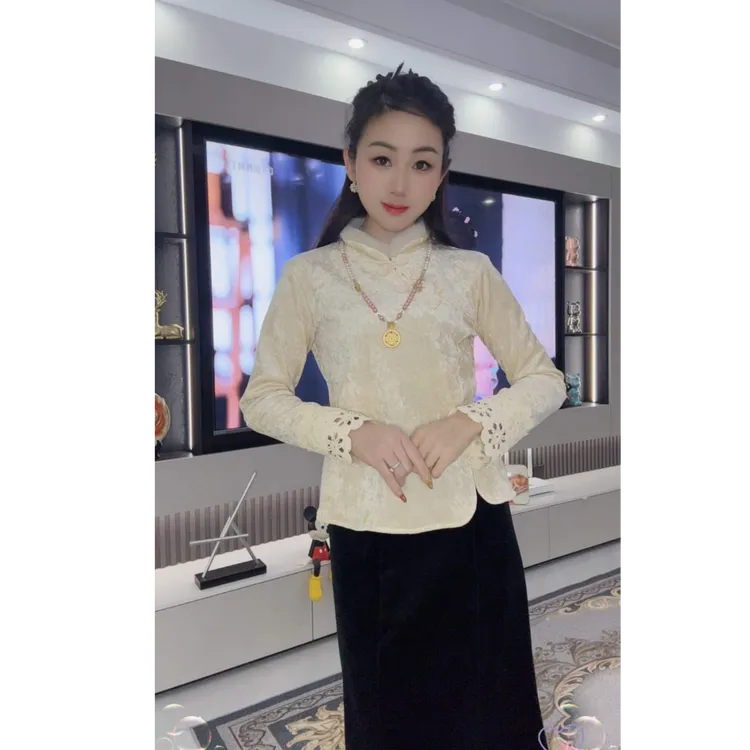 秋冬新款加绒加厚保暖收腰显瘦新中式盘扣打底衫