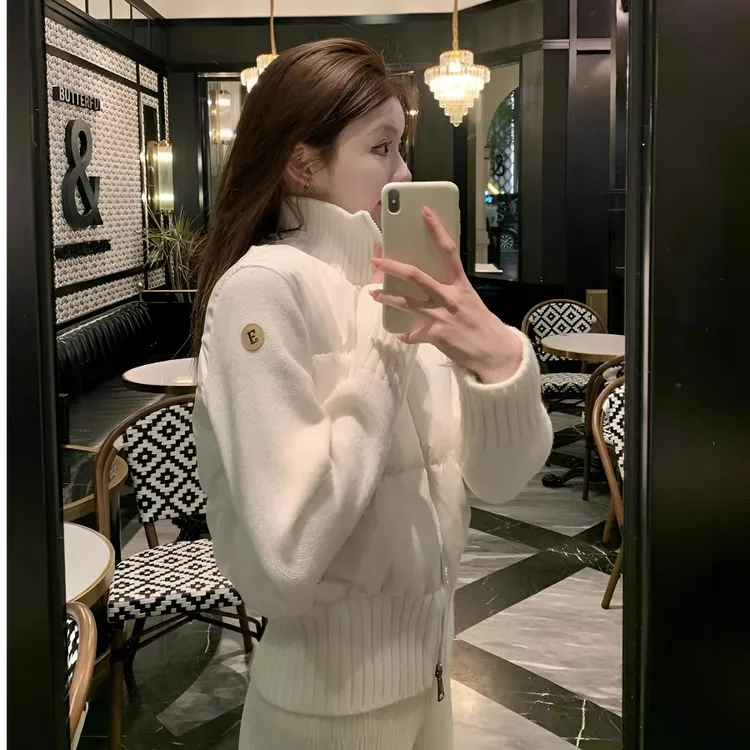 短款棉服女冬季2025新款小个子白色针织拼接棉衣宽松加厚保暖外套