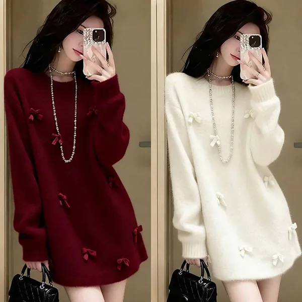 法式慵懒立体蝴蝶结设计长袖连衣裙大码胖mm时尚气质百搭短裙女装