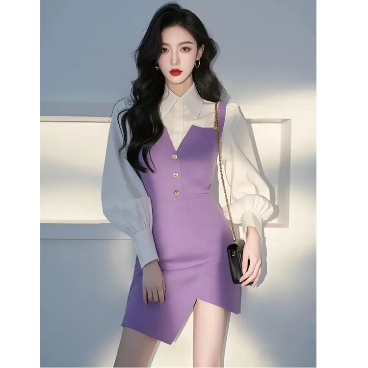 名媛风气质翻领衬衫背心连衣裙套装女2025春季新款绝美高端两件套