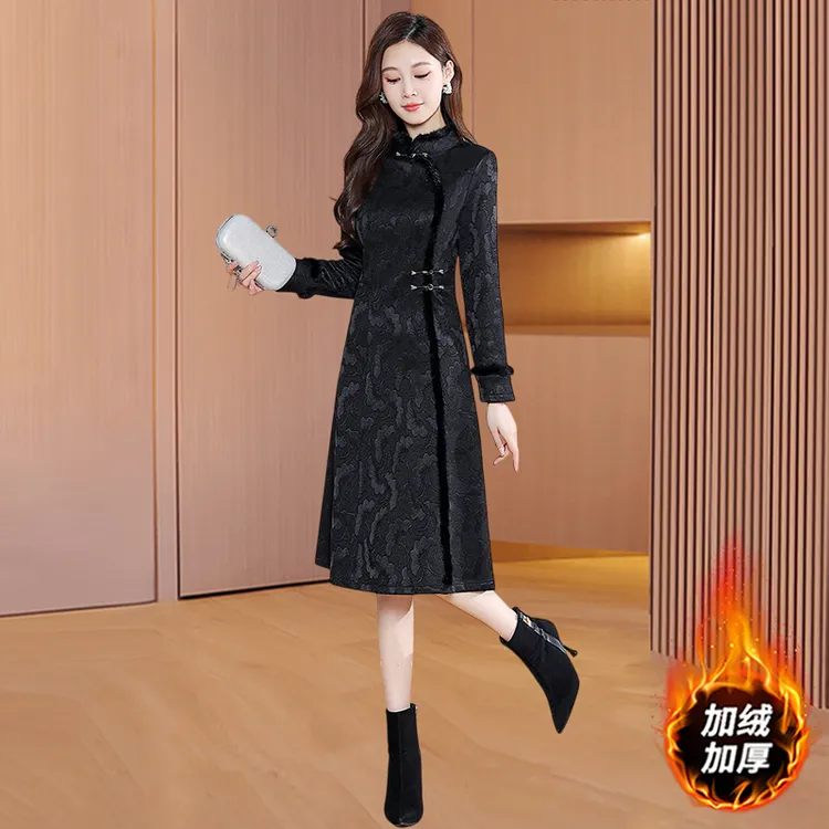 【莫瑞】改良旗袍连衣裙女2025新款秋冬十三行高端气质加绒加厚裙子