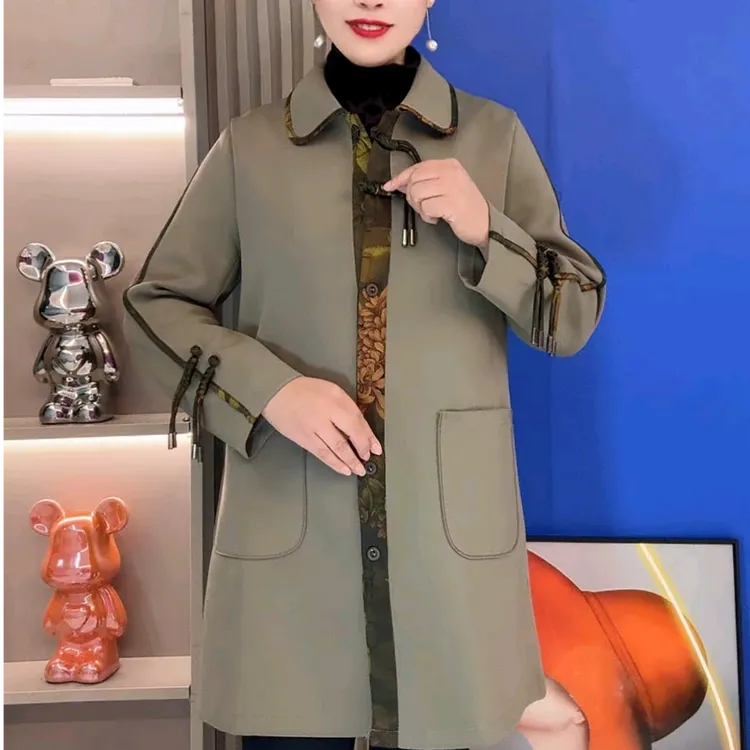 春秋新款中式国风拼色中老年大衣弹力妈妈高端中长款气质风衣外套