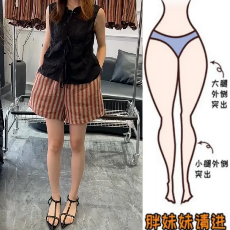 格洛森女胖妹妹夏季新款梨型身材高腰显瘦休闲裤竖条纹阔腿麻短裤