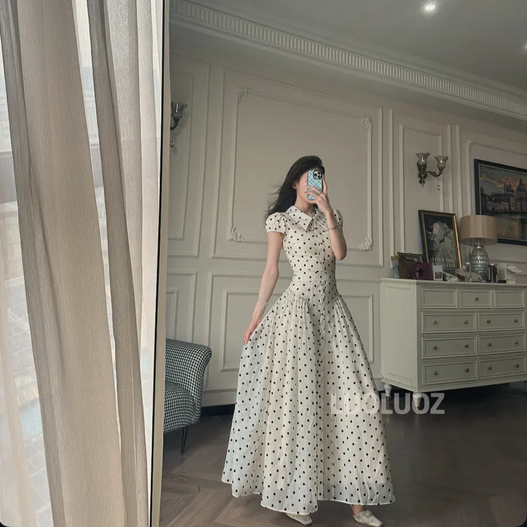 【现货】LUOLUOZ【梦湖之境】气质POLO领时尚网纱波点长款连衣裙JF928