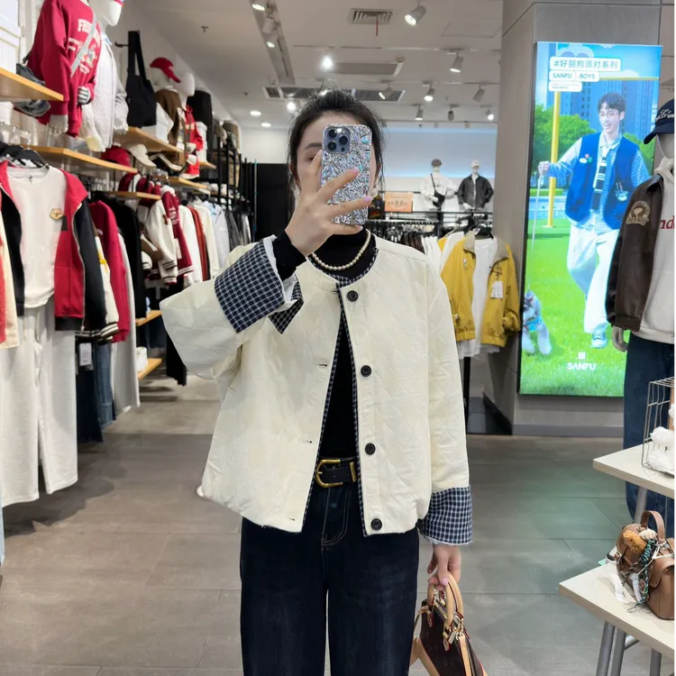 韩版格子拼接加棉加厚棉衣夹棉短外套女秋冬新款菱格洋气宽松上衣